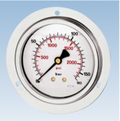 Þrýstimælar, baktengi, 100 mm, með flans, olíufylltir